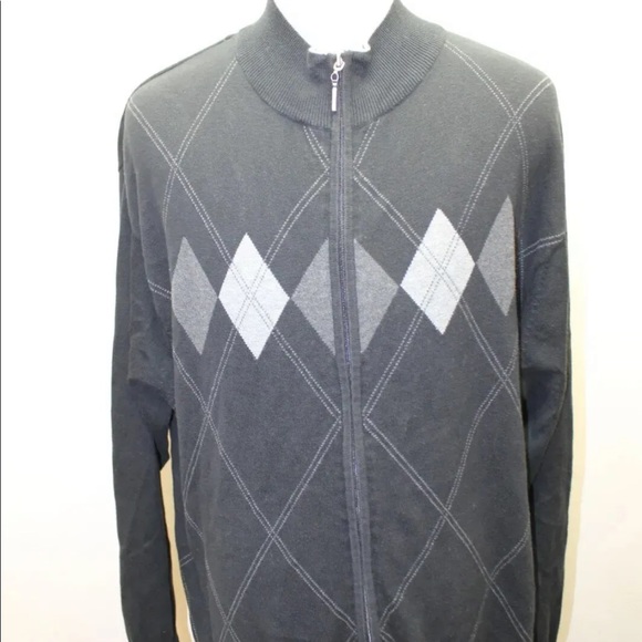 Pierre Cardin Men Sweater Black Argyle Zipper XL 109% Cotton Long Sleeve - Picture 1 of 16